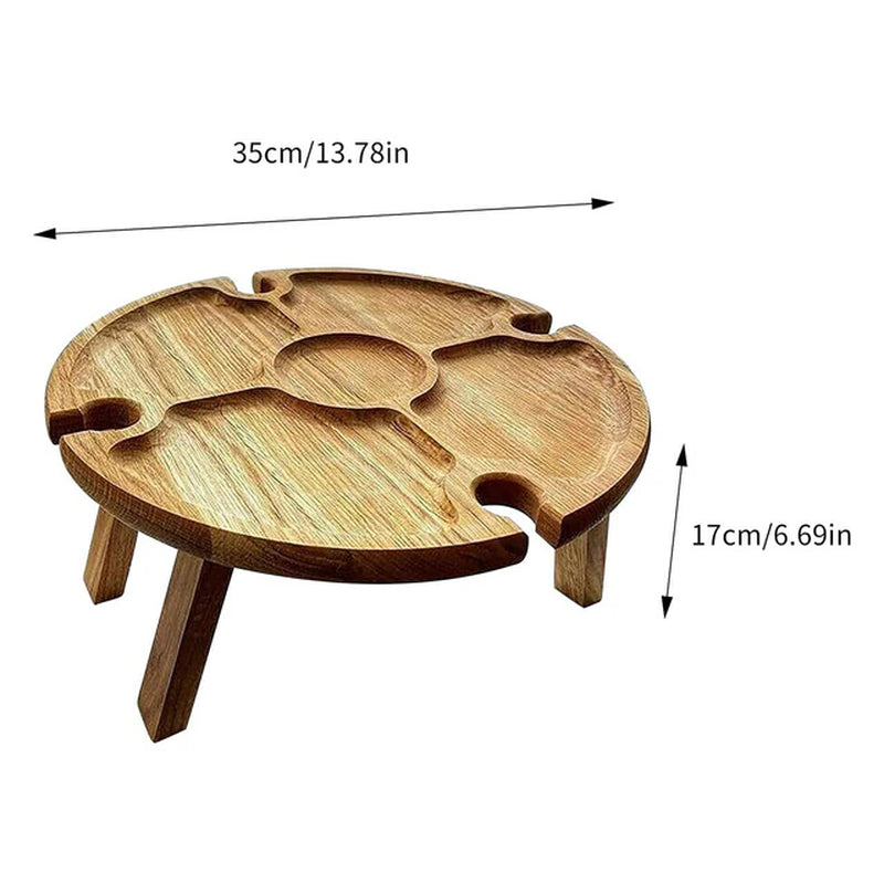 Wooden Outdoor Folding Picnic Table with Glass Holder round Foldable Desk Wine Glass Rack Collapsible Table for Garden Party