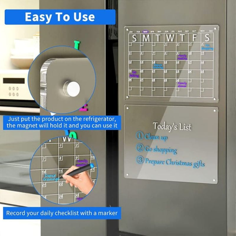 Magnetic Fridge Calendar Clear Acrylic Board Planner Daily Weekly Monthly Schedule Fridge Magnet Dry Erase Board for Home School