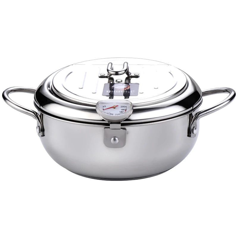 LMETJMA Japanese Deep Frying Pot with a Thermometer and a Lid 304 Stainless Steel Kitchen Tempura Fryer Pan 20 24 Cm KC0405