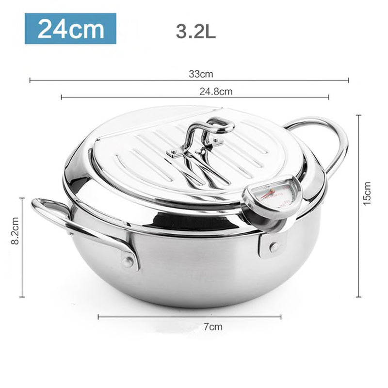 LMETJMA Japanese Deep Frying Pot with a Thermometer and a Lid 304 Stainless Steel Kitchen Tempura Fryer Pan 20 24 Cm KC0405