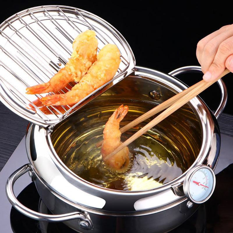 LMETJMA Japanese Deep Frying Pot with a Thermometer and a Lid 304 Stainless Steel Kitchen Tempura Fryer Pan 20 24 Cm KC0405