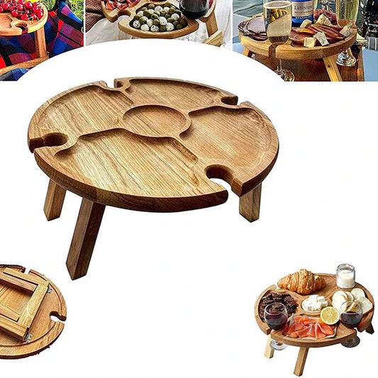 Wooden Outdoor Folding Picnic Table with Glass Holder round Foldable Desk Wine Glass Rack Collapsible Table for Garden Party